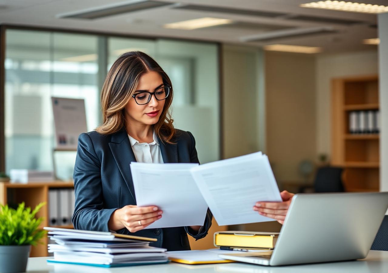 Home Healthcare administrator reviewing staff credential records and documents at an organized office desk