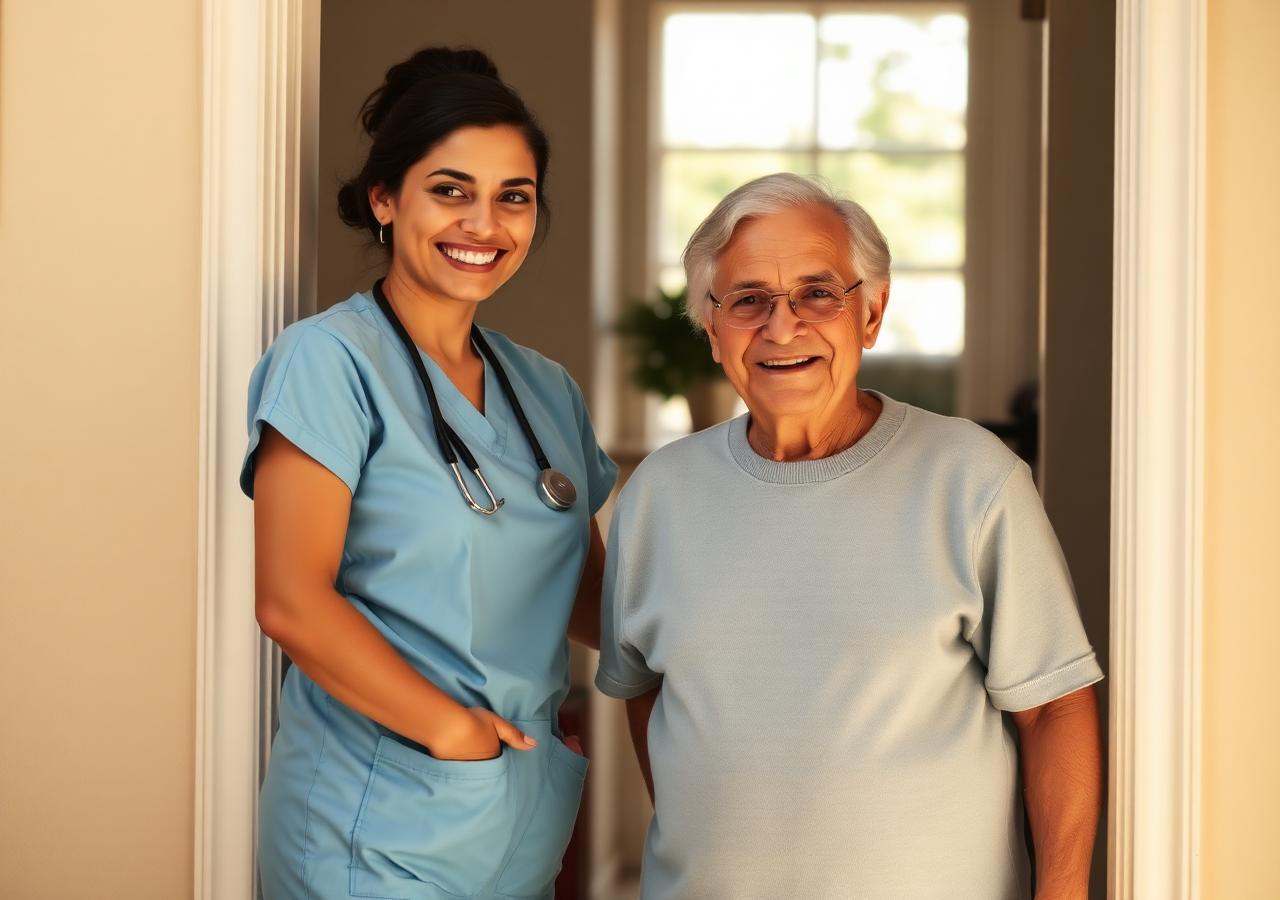Smiling Home Healthcare caregiver standing with an older adult client in a bright home doorway