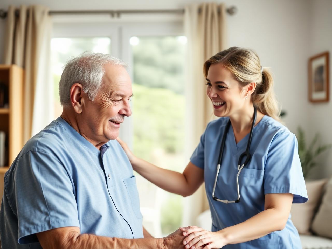 Home Healthcare caregiver in blue scrubs assisting a smiling older adult client in a bright, comfortable living room