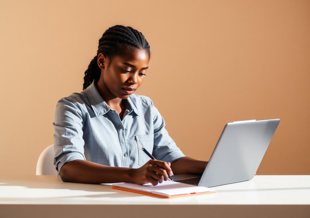 Home Healthcare caregiver applicant completing onboarding documents on a laptop and clipboard at a bright desk