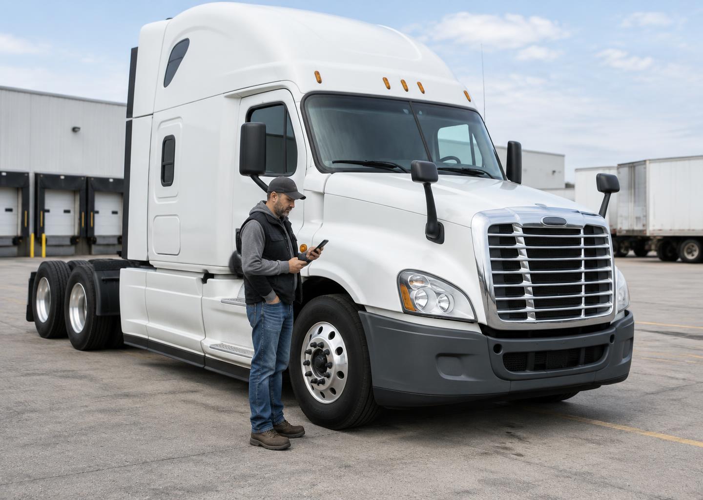 Logistics imagery of a truck driver checking a phone beside a semi truck