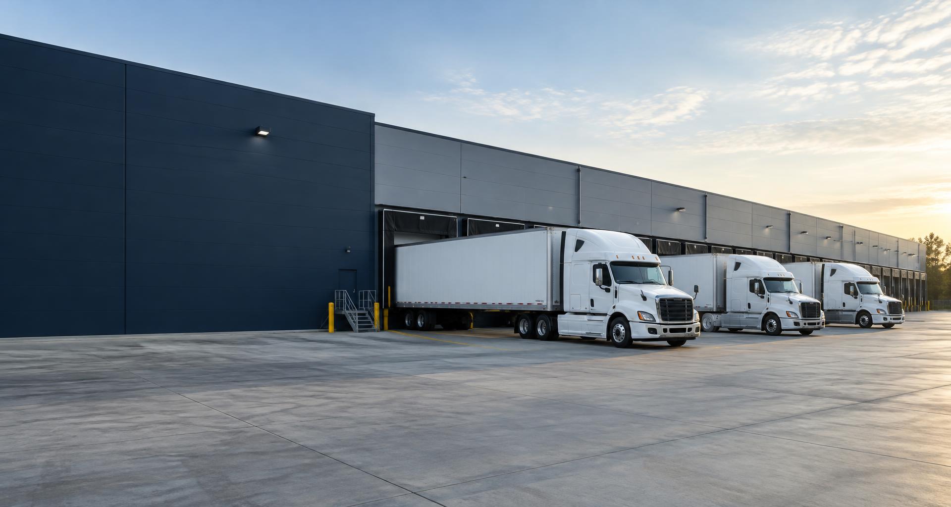 Logistics imagery of freight trucks at a distribution warehouse loading dock