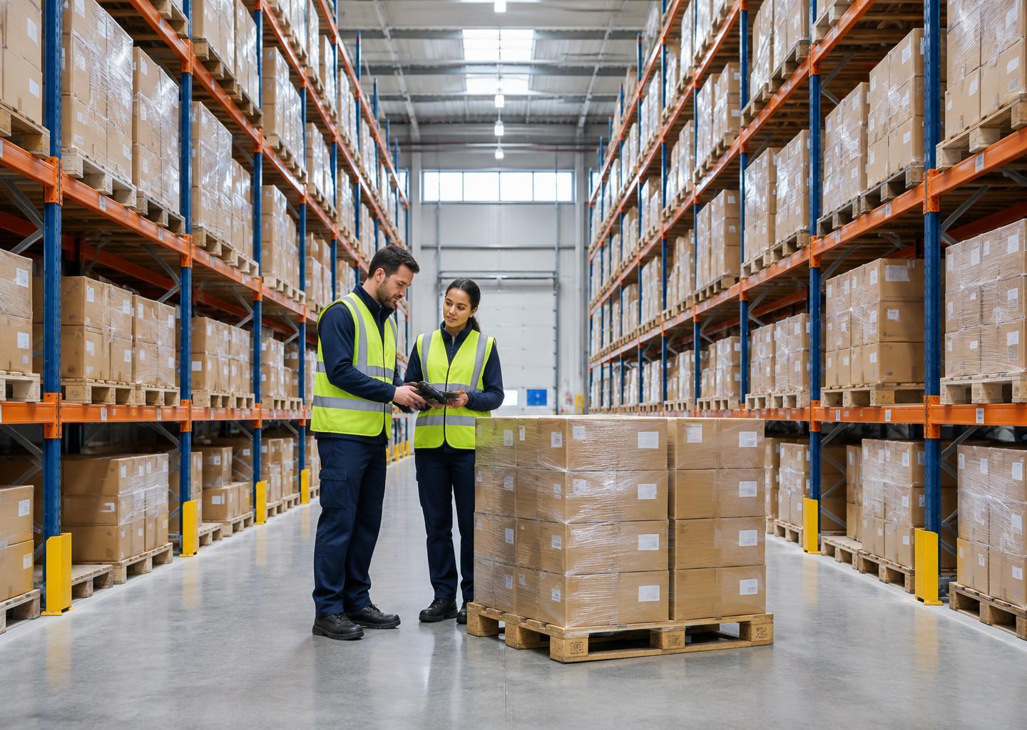 Logistics imagery of warehouse staff reviewing a scanner beside pallet racks